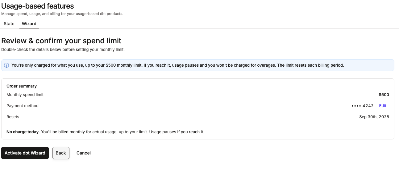 The Activate dbt Wizard page where you can review and confirm your spend limit and a button to activate dbt Wizard